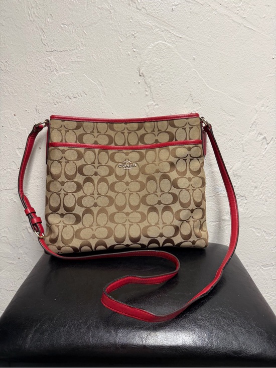 Coach Handbags - Coach Signature Canvas File Crossbody Bag in Khaki/Classic Red, model F36378